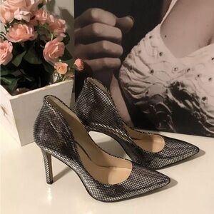 Jessica Simpson Silver Shiny Leather Stiletto 4” Heel Pumps Size 7.5 Pointed Toe